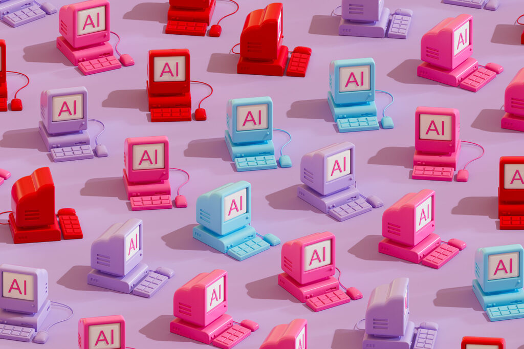 A digitally generated image featuring old-style computers with the letters ‘AI’ displayed on their screens.