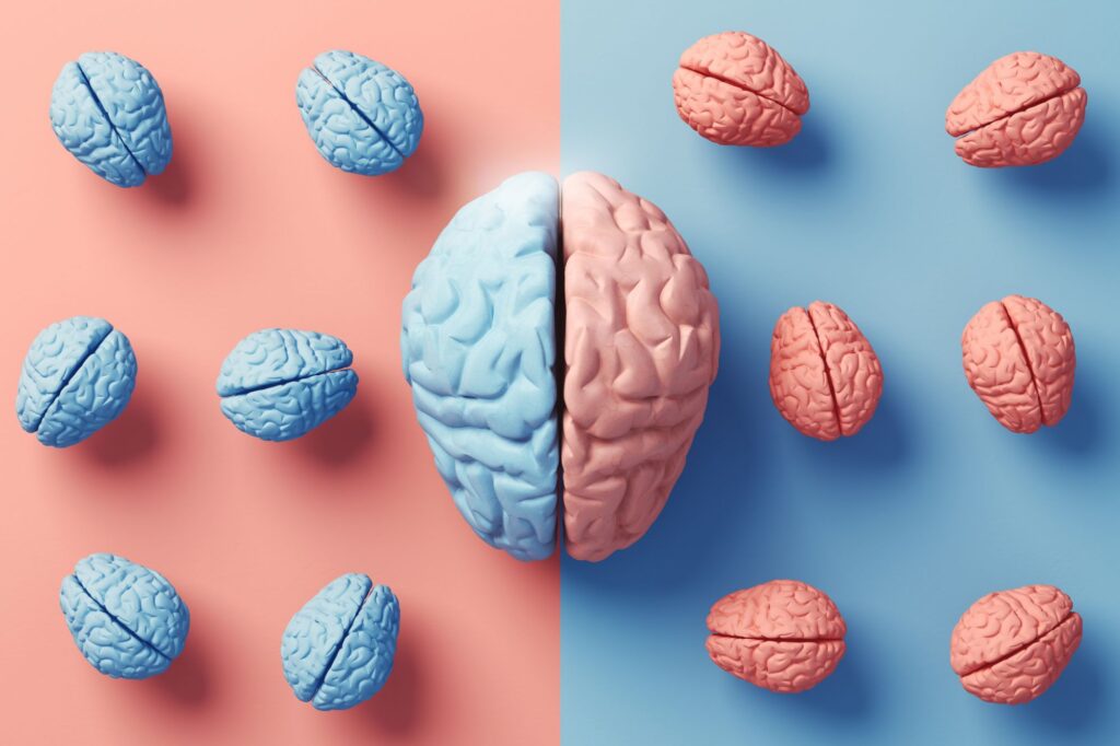 A brain split in half, with blue on one side and pink on the other, surrounded by smaller blue and pink brains