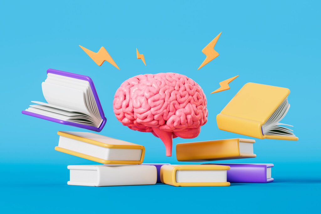 Floating brain surrounded by colorful books and lightning bolts representing knowledge and learning concept on blue background. 3D Rendering