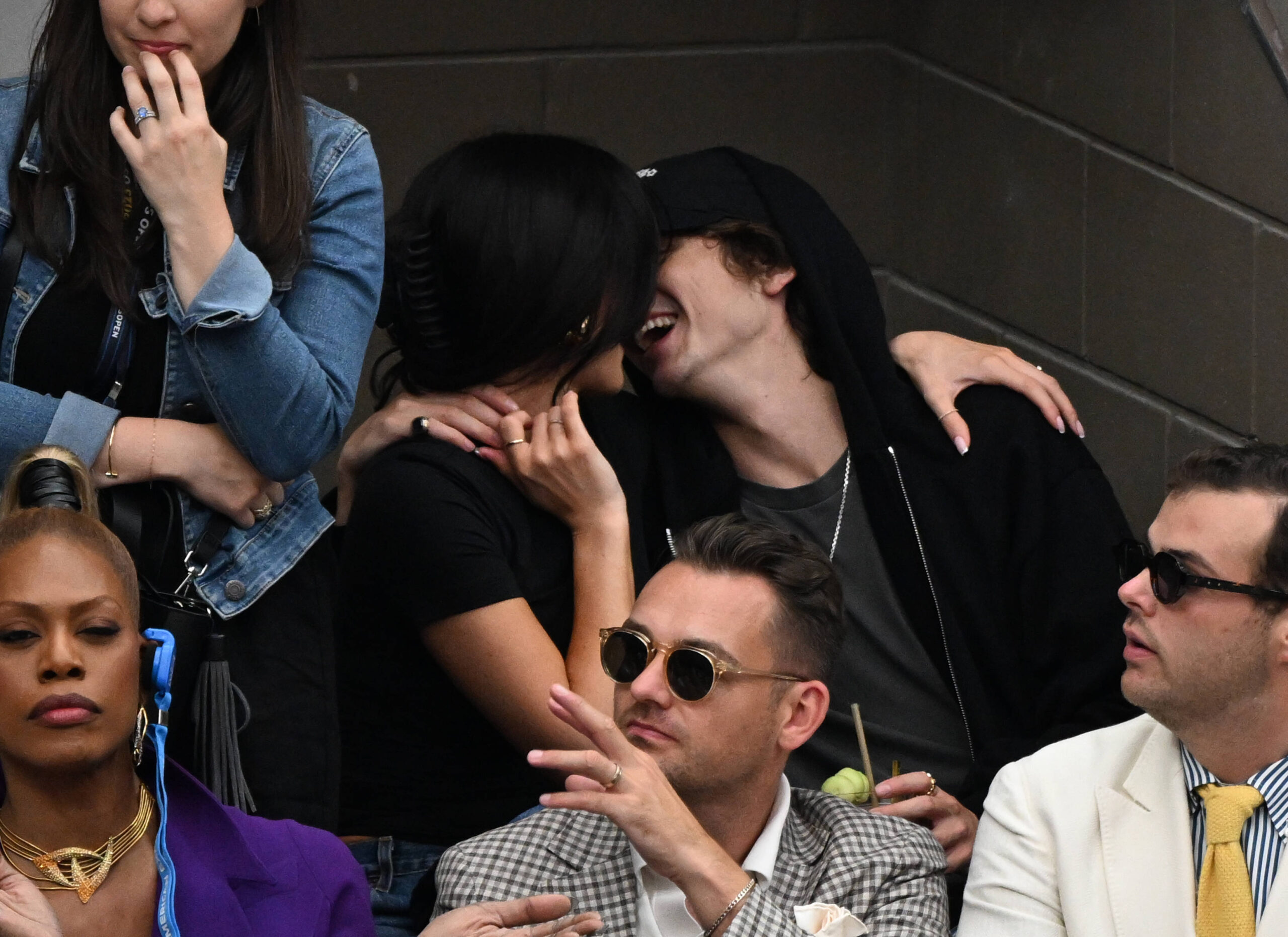 FLUSHING NY- SEPTEMBER 10: **NO NY NEWSPAPERS** Kylie Jenner and Timothy Chalamet are seen watching Novak Djokovic Vs Da Pamela Anderson in Baywatch