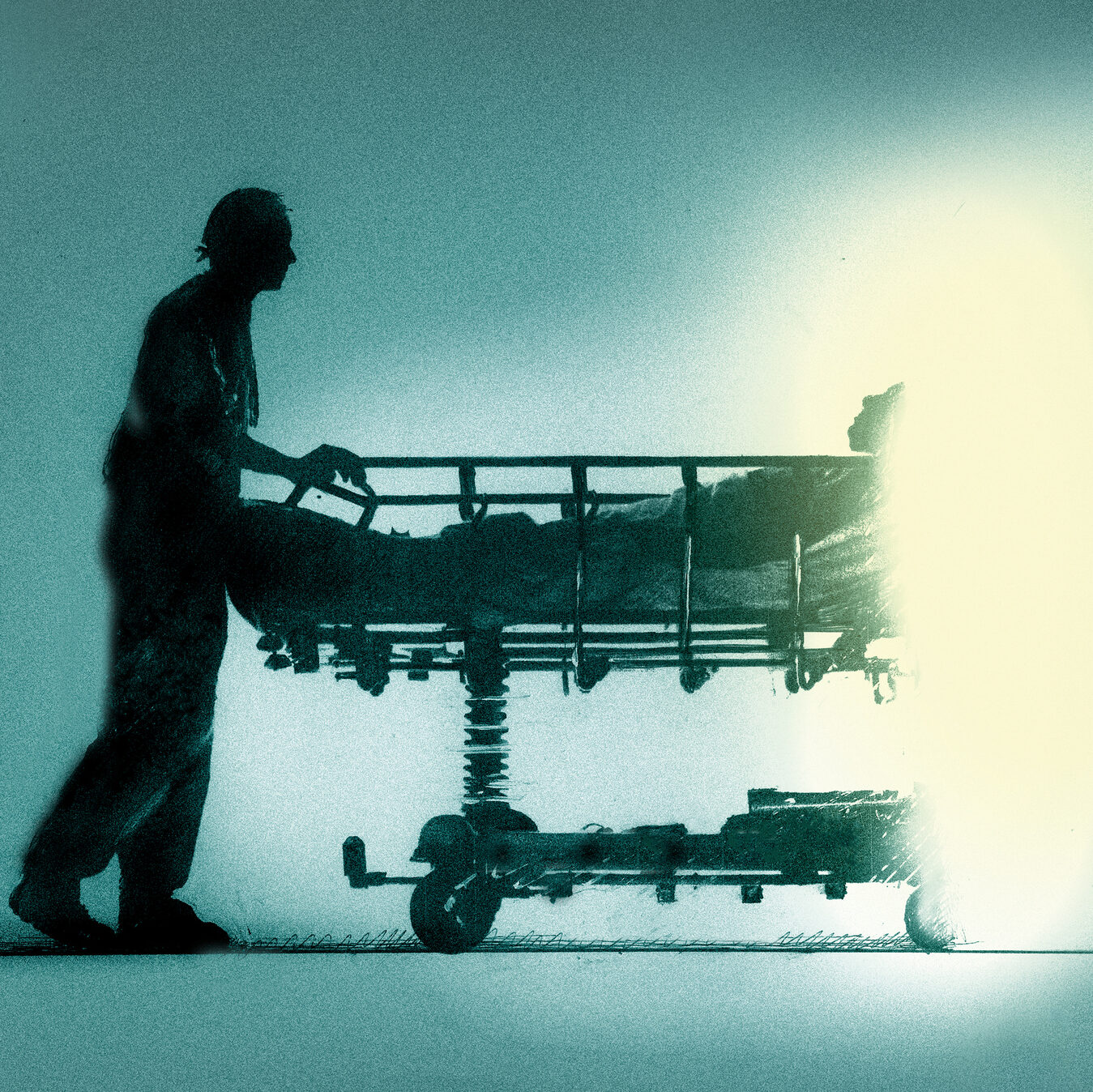 Nurse pushing patient lying on hospital gurney into bright light of death