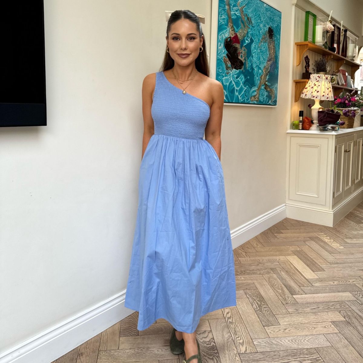 nobodys-child-blue-one-shoulder-georgia-midi-dress-2 Louise Thompson wearing Nobody's Child Blue One Shoulder Georgia Midi Dress