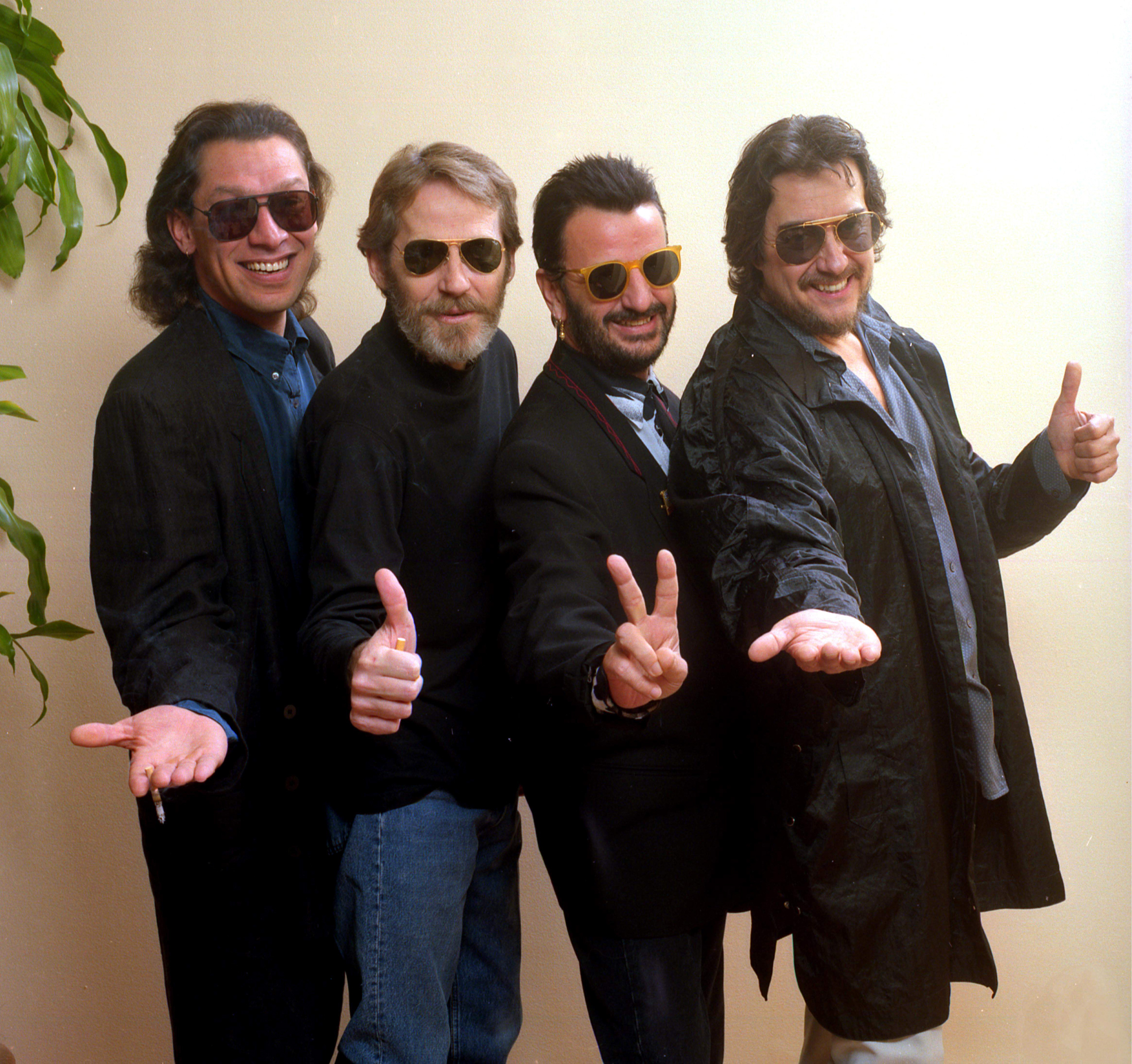 UNITED STATES - JANUARY 01:  Photo of Levon HELM and Ringo STARR and Alex VAN HALEN and Jim KELTNER; L to R: Alex Van Halen, Levon Helm, Ringo Starr, Jim Keltner - posed, studio, in the early 1990's, wearing sunglasses  (Photo by Robert Knight Archive/Redferns)