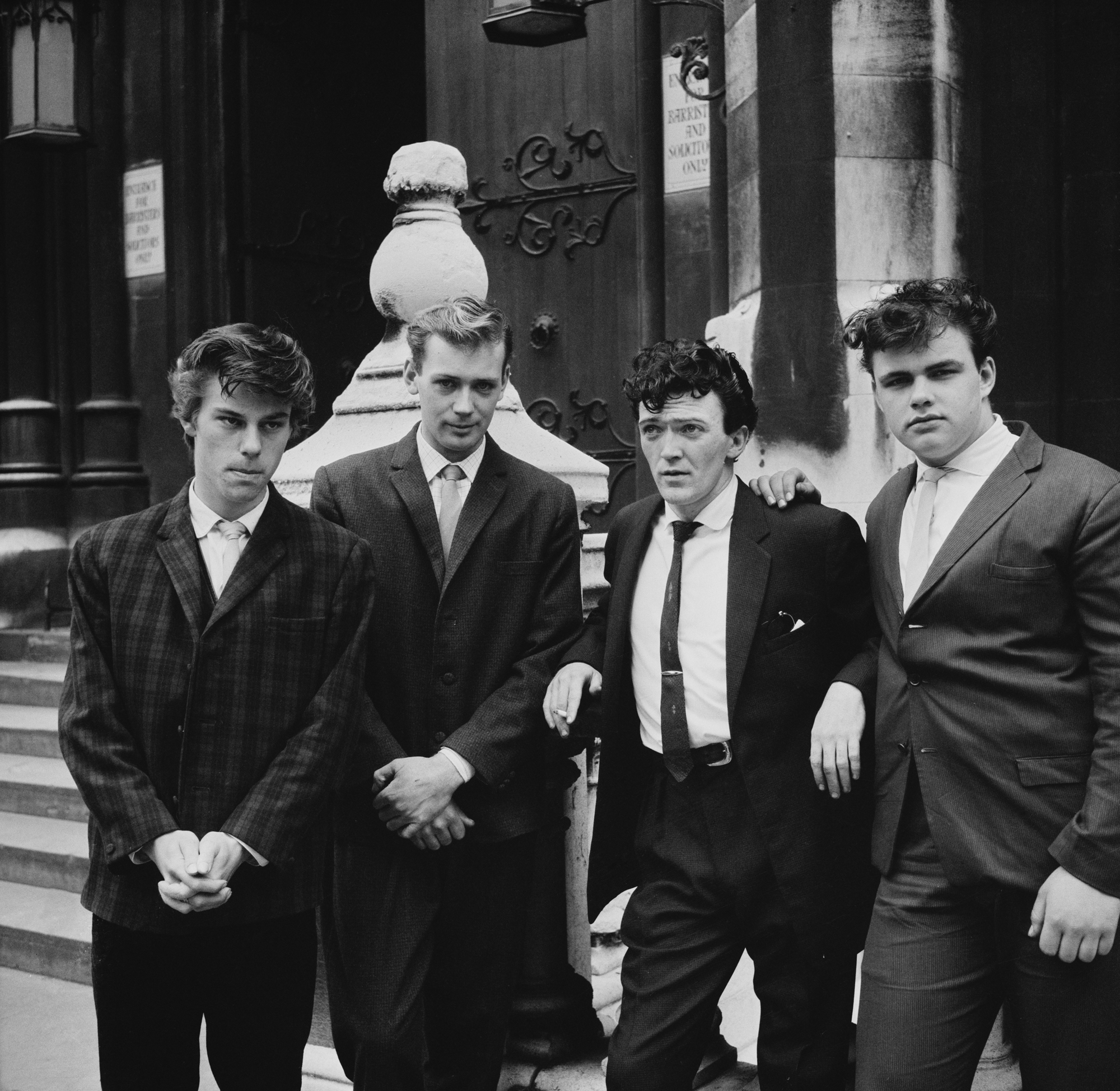 Cal Danger and the Dangermen (L to R: Jeff Beck, Cal Danger, George Clarke, John Owen) outside the High Court in London where they are being sued by American musician Gene Vincent, on September 12th, 1961