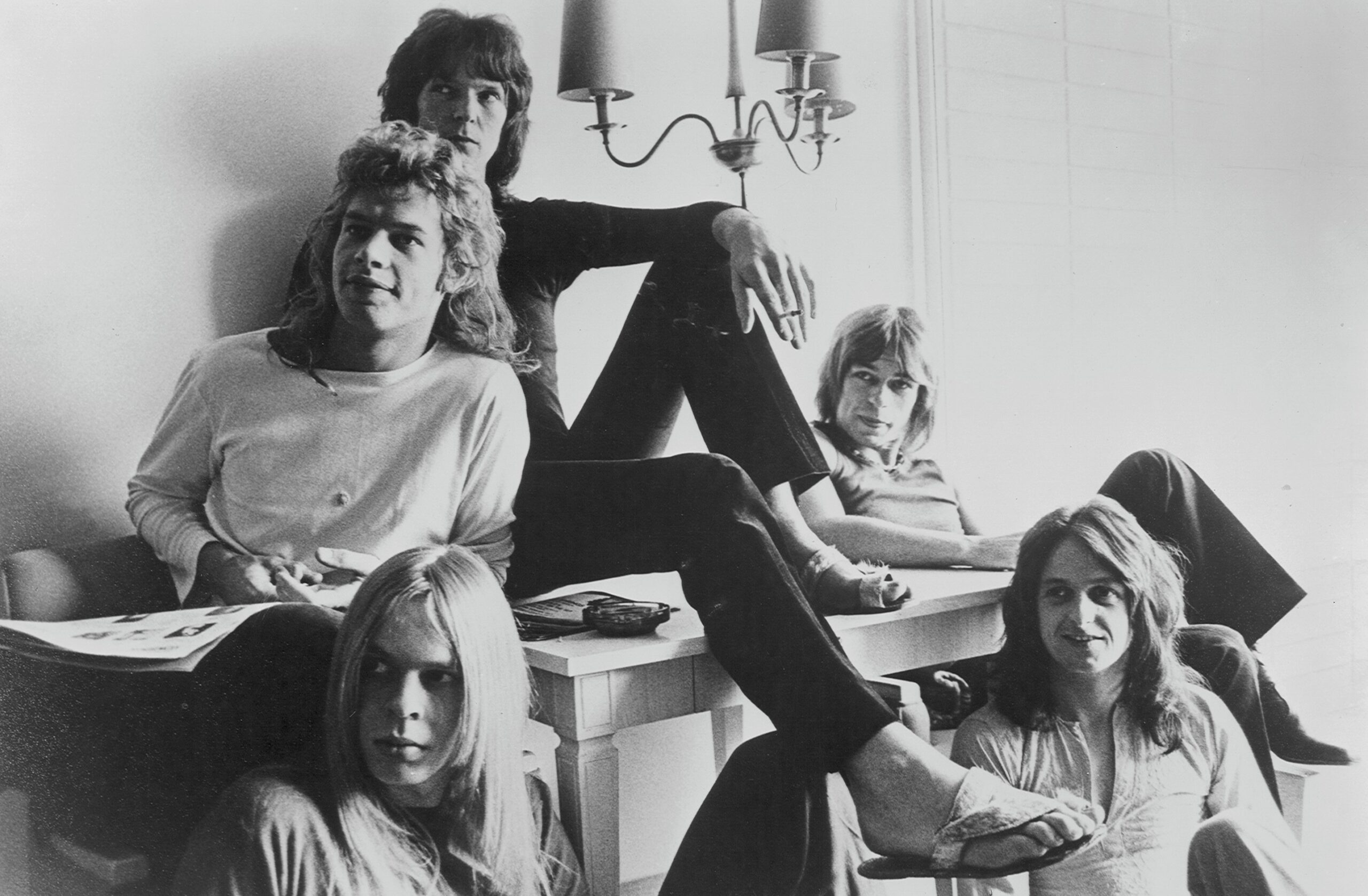 Chris Squire, Jon Anderson, Rick Wakeman, Steve Howe and Alan White of the rock band "Yes" in an Atlantic Records publicity still in circa 1976